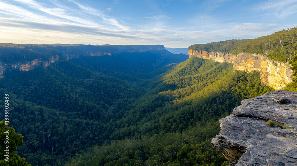Fototapeta premium Panoramic View Of Mountainous Valley At Sunrise