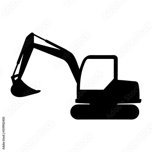 Black silhouette of a powerful excavator, isolated against white background image