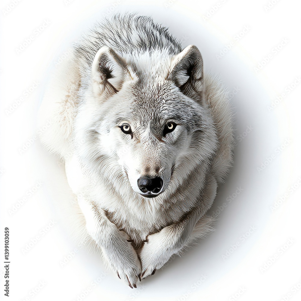 Obraz premium A majestic white wolf with piercing eyes rests, its fur a mix of pure white and subtle gray, radiating serenity and untamed beauty.