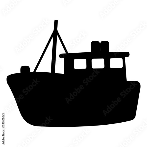 Silhouette of a commercial fishing boat with cabins and a mast