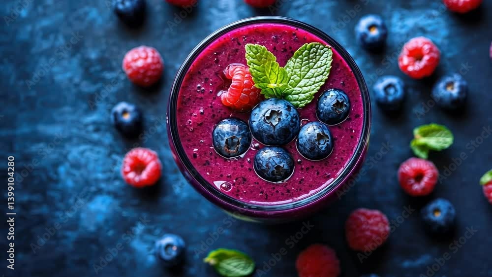 Colorful and Nutritious Smoothie with Blueberries, Raspberries, and Mint Healthy Drink for Breakfast or Snack Colorful and Nutritious Smoothie with Blueberries, Raspberries, and Mint Healthy Drink for Breakfast or Snack
