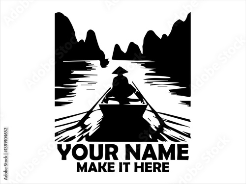 Silhouette of a lone figure wearing a traditional conical hat rowing a small boat on a tranquil river surrounded by dark, mountainous karst landforms nature concept and illustration logo vector design