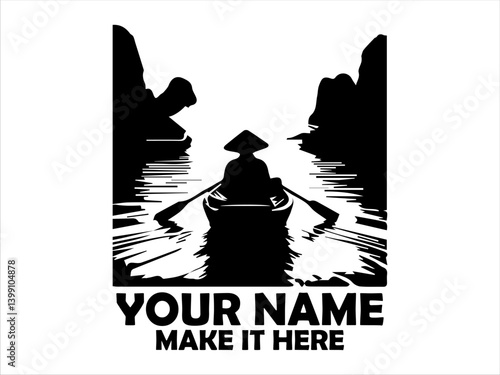 Silhouette of a lone figure wearing a traditional conical hat rowing a small boat on a tranquil river surrounded by dark, mountainous karst landforms nature concept and illustration logo vector design