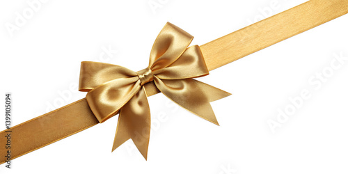 Large gold bow on the left side of a straight ribbon, isolated on a transparent background - ideal for banners or frames Easter, Christmas, birthdays, gifts, Valentine's Day