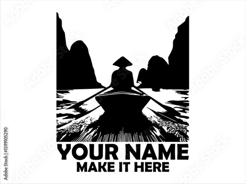 Silhouette of a lone figure wearing a traditional conical hat rowing a small boat on a tranquil river surrounded by dark, mountainous karst landforms nature concept and illustration logo vector design