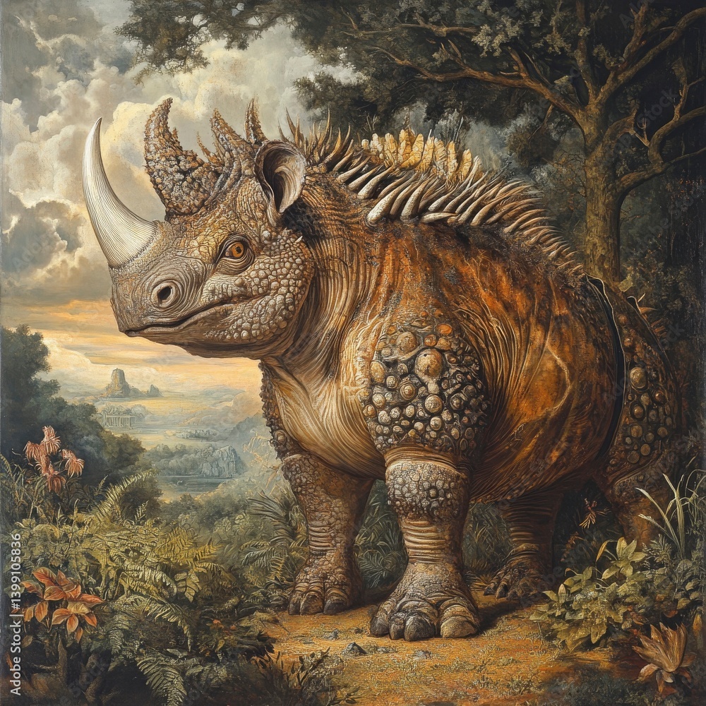 Fototapeta premium Armored Rhinoceros: An imposing creature in a fantastical landscape, blending prehistoric might with artistic flair, rich texture, and detail.