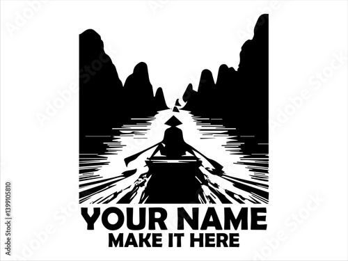 Silhouette of a lone figure wearing a traditional conical hat rowing a small boat on a tranquil river surrounded by dark, mountainous karst landforms nature concept and illustration logo vector design