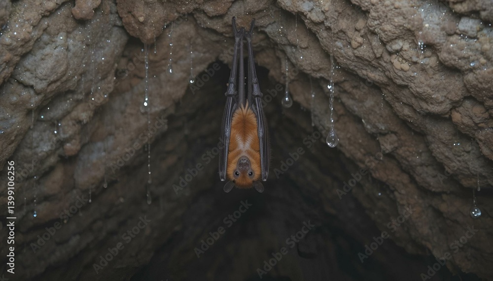 The image is of a bat hanging upside down in a cave. The bat is brown and black, with a long tail. The cave is dark and damp, with water droplets on the walls.