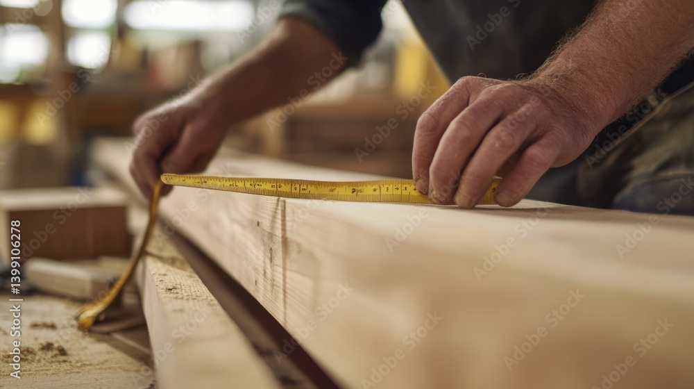 Obraz premium A construction site carpenter measuring wooden planks for framing. Featuring accuracy and focus