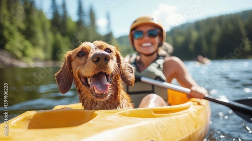 Wallpaper Mural Cheerful woman enjoys a sunny kayaking adventure with her happy dog Torontodigital.ca