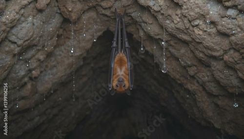 The image is of a bat hanging upside down in a cave. The bat is brown and black, with a long tail. The cave is dark and damp, with water droplets on the walls.