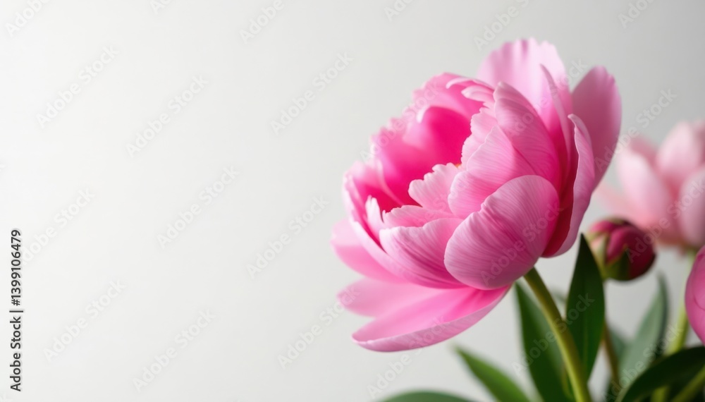 Fototapeta premium Pink peony flowers in full bloom against soft white background, serene, garden