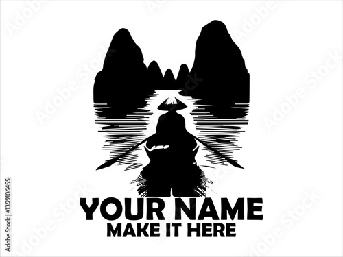 Silhouette of a lone figure wearing a traditional conical hat rowing a small boat on a tranquil river surrounded by dark, mountainous karst landforms nature concept and illustration logo vector design