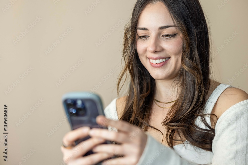 Young beautiful woman sitting at home using her phone Young beautiful woman sitting at home using her phone