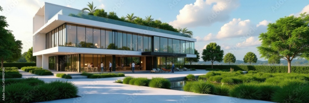 Modern office building with sleek glass facade and rooftop garden, office, concrete, modern Modern office building with sleek glass facade and rooftop garden, office, concrete, modern