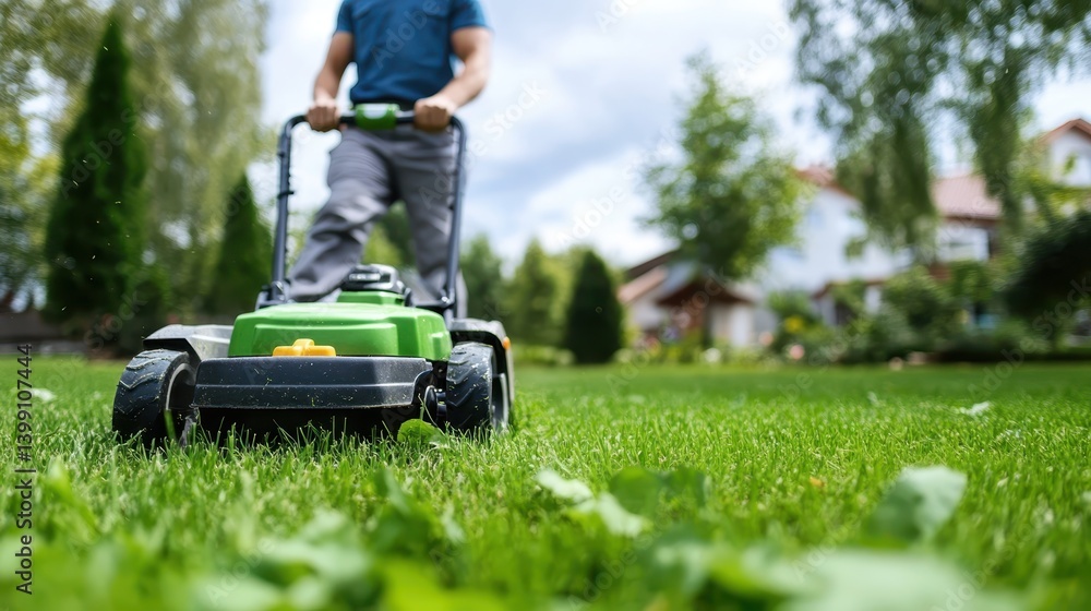 Gardener uses a mower to maintain a lush green lawn in a serene setting Gardener uses a mower to maintain a lush green lawn in a serene setting