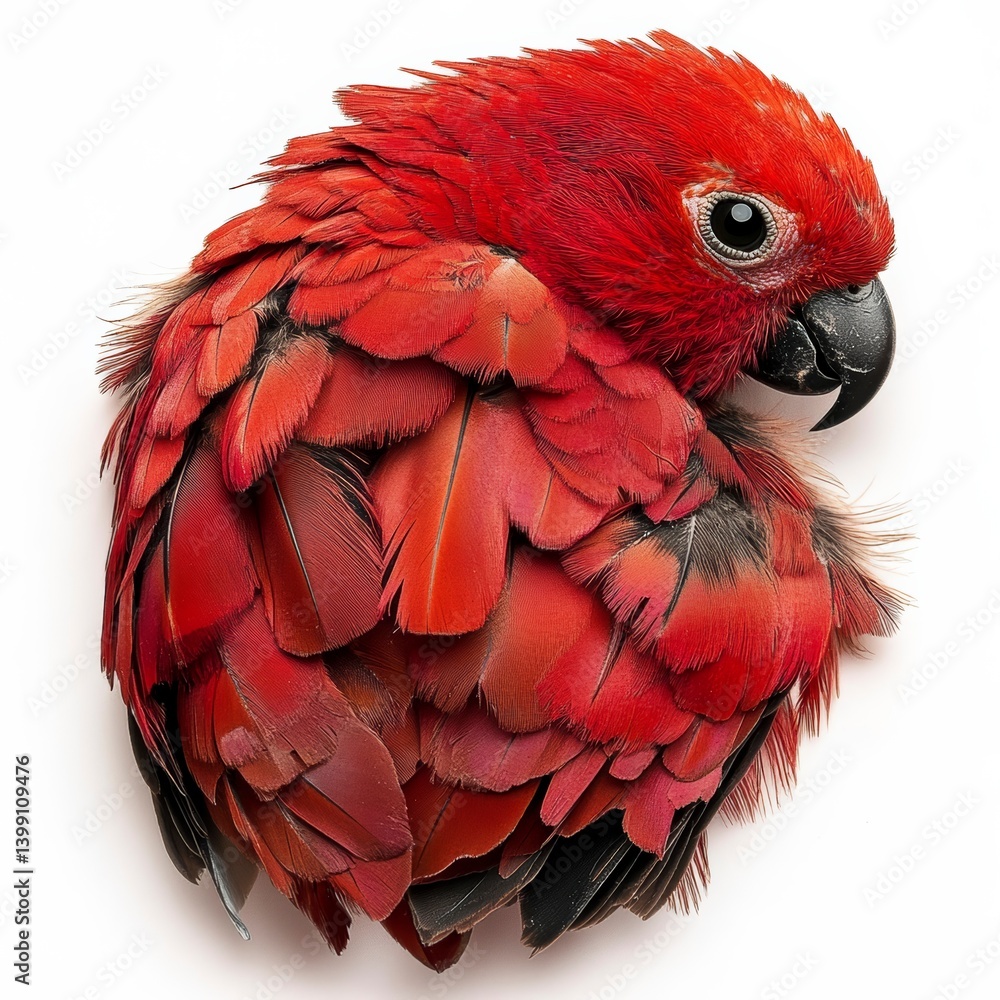 Obraz premium Crimson Parrot Portrait: A striking close-up of a parrot with vibrant red plumage against a clean white background, showcasing its unique beauty.
