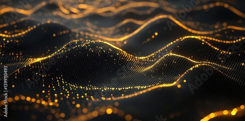 Wallpaper Mural Abstract dark background featuring golden light waves on a wavy cloth texture. High-resolution 3D illustration, close-up view, emphasizing elegance and depth. Torontodigital.ca