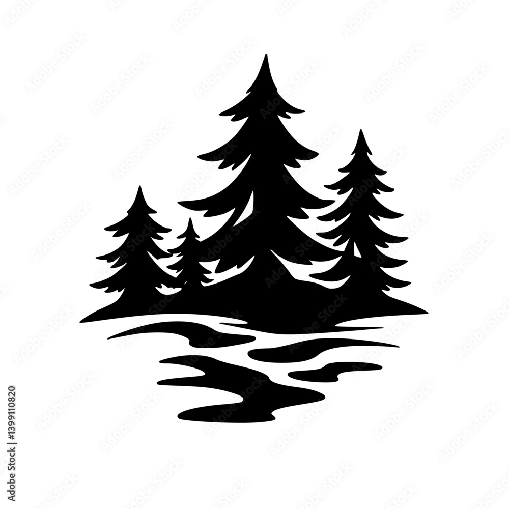 Obraz premium Silhouetted Pine Trees and Water: Black and White Illustration