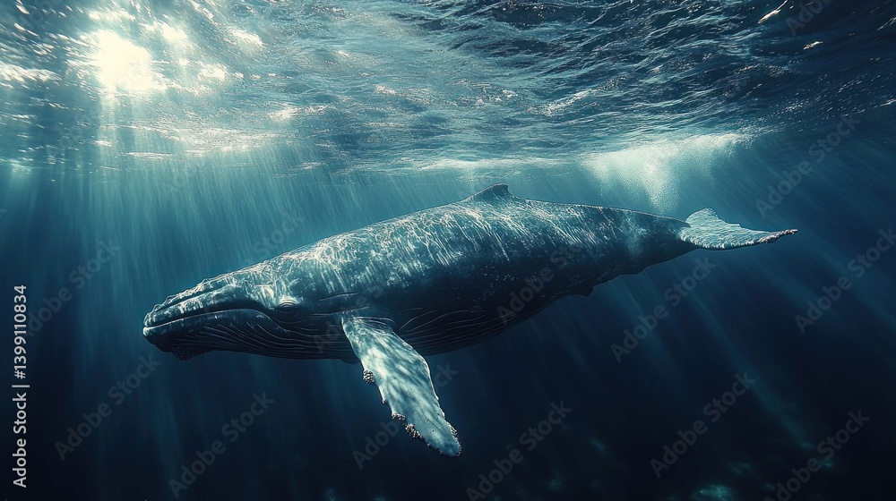 Naklejka premium Majestic Humpback Whale Underwater: A Symphony of Ocean Grace