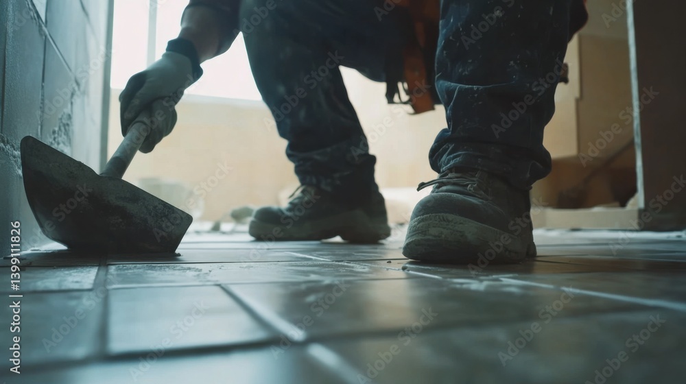 Obraz premium A construction site mason applying grout between tiles on a floor. Featuring focus and precision