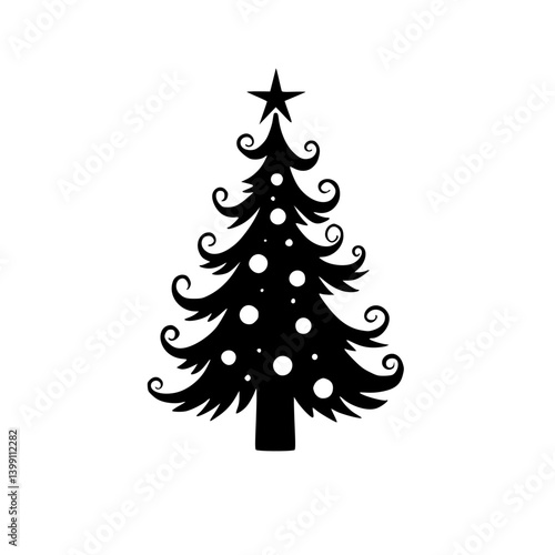 Black & White Christmas Tree Silhouette with Ornaments & Star