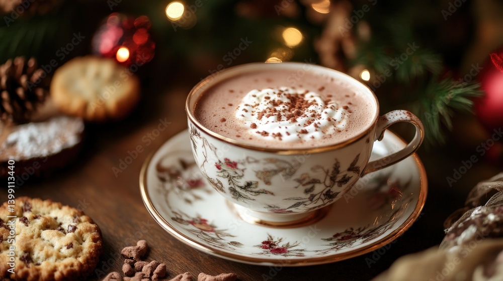 A warm cup of cocoa and cookies on a wooden surface