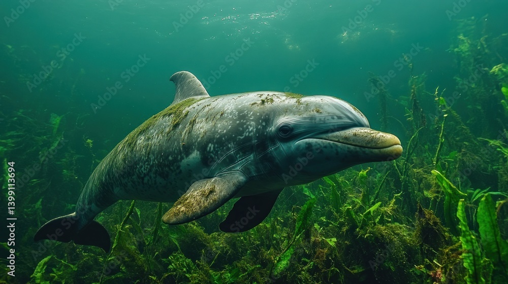 Fototapeta premium Spectacular Underwater Shot of a Dolphin in a Lush Aquatic Environment