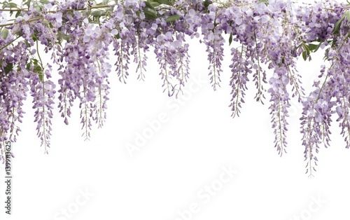 Purple wisteria blossoms cascading downward, creating a floral border against a white background.  Delicate, light purple blooms hang in long clusters