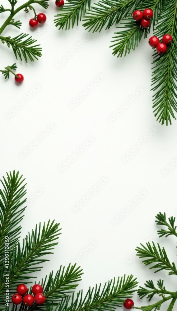 Ornate fir branches with holly berries and mistletoe, winter, holly Ornate fir branches with holly berries and mistletoe, winter, holly