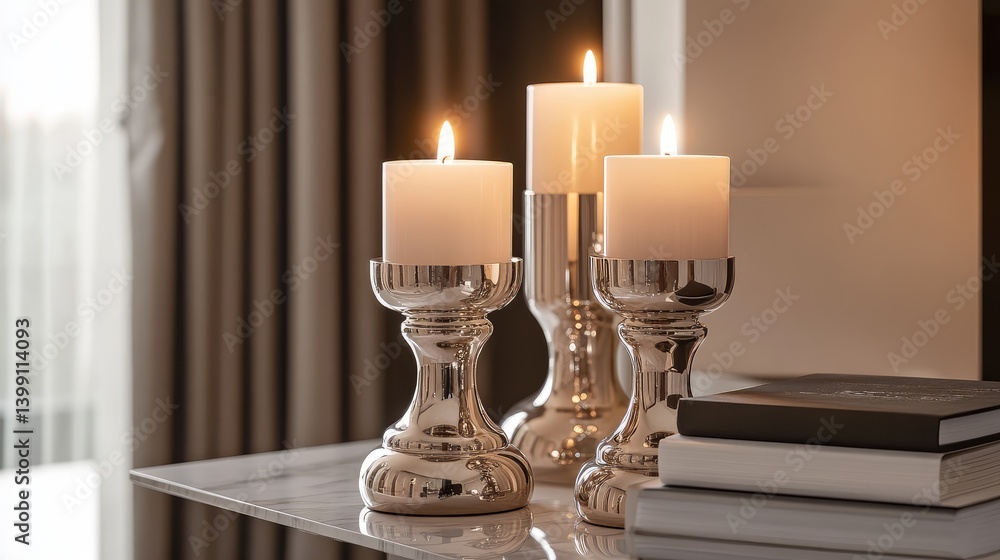 A set of elegant candle holders with soft lighting reflecting off them, placed on a marble table with ample background space. A set of elegant candle holders with soft lighting reflecting off them, placed on a marble table with ample background space.