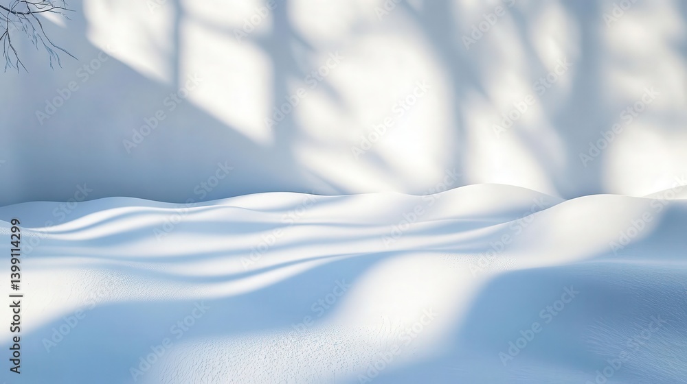 Fototapeta premium Abstract winter background featuring snow, sunlight rays, and wall shadows, ideal for product presentations and winter-themed concepts.