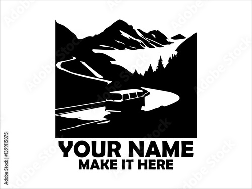 Vintage camper van driving along a winding mountain road amidst a scenic landscape with layered mountain silhouettes. Travel concept and camper van logo vector design