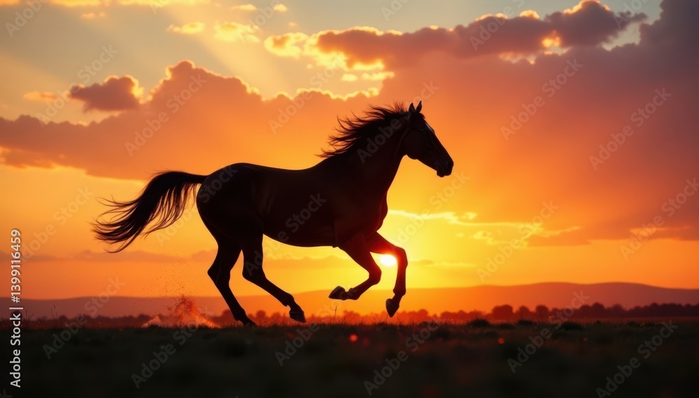 Silhouette of a horse in full sprint against the sunset, sunset running, equine sports Silhouette of a horse in full sprint against the sunset, sunset running, equine sports