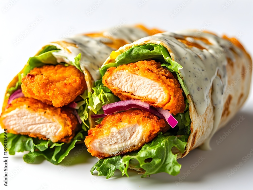 Two delicious crispy chicken wraps with lettuce red onion and creamy sauce are shown on a white background. Two delicious crispy chicken wraps with lettuce red onion and creamy sauce are shown on a white background.