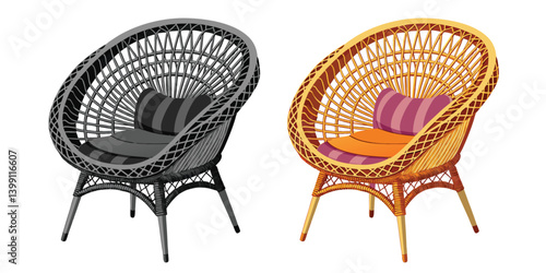 Handwoven Rattan Old brown wooden chair, a comfortable antique seat isolated for home interior