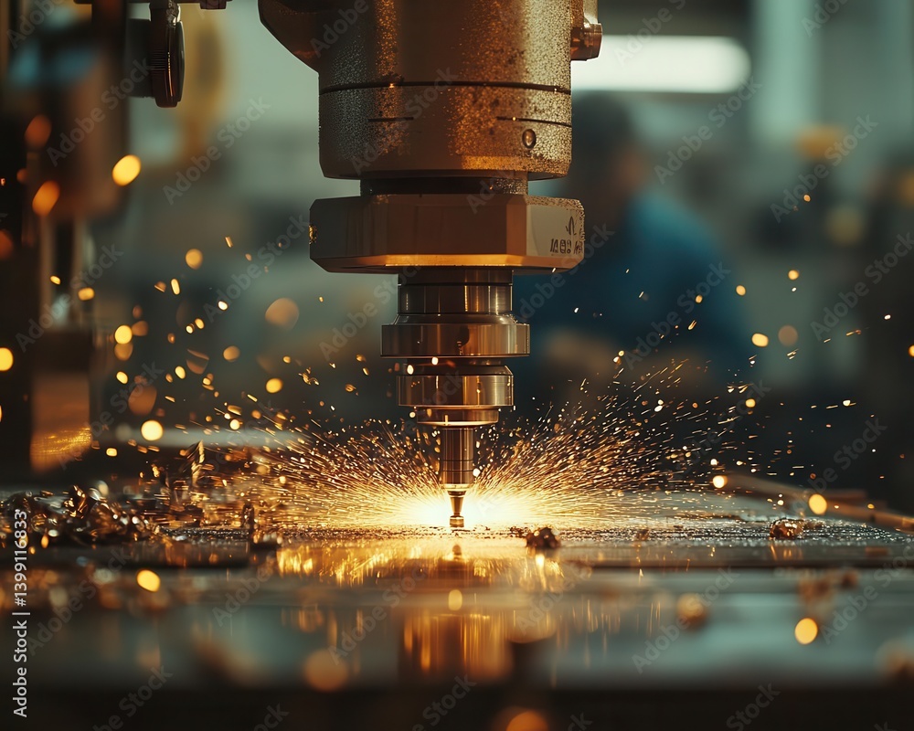 A closeup of a worker using a drill press in a metalworking shop, Manufacturing, Skilled and focused A closeup of a worker using a drill press in a metalworking shop, Manufacturing, Skilled and focused
