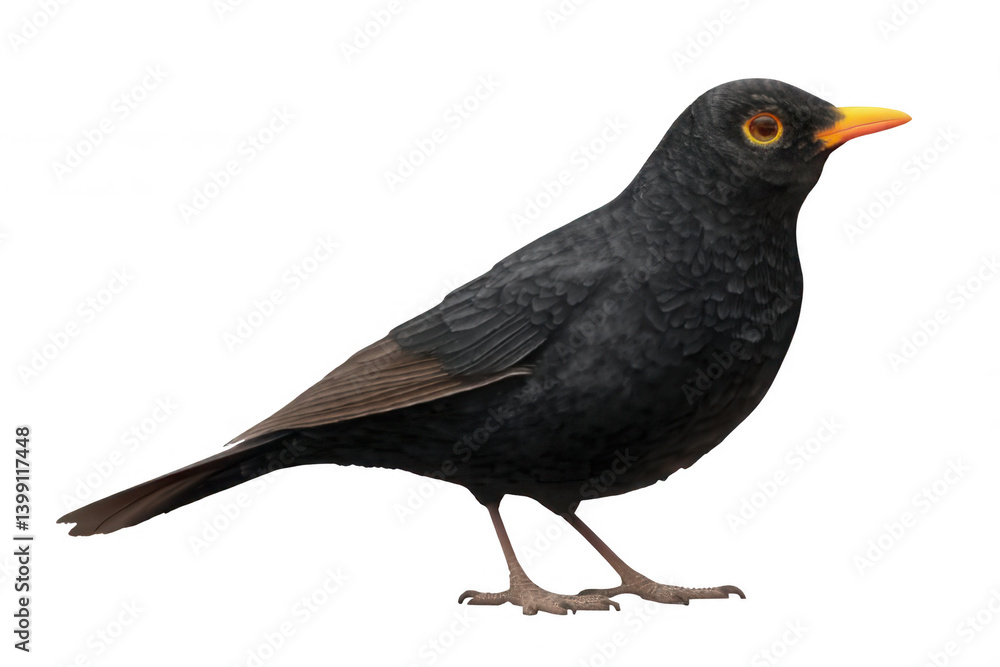 Realistic Blackbird in Calm Pose with Vivid Beak Transparent Background Realistic Blackbird in Calm Pose with Vivid Beak Transparent Background