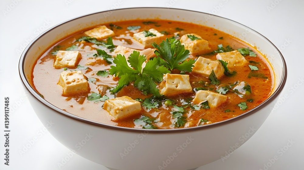 Delicious and creamy tofu curry in a white bowl garnished with fresh cilantro served as a healthy vegetarian meal.