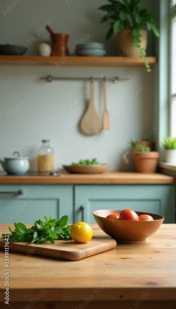 Simple kitchen with empty table and defocused cooking scene, kitchen, eating, utensils Simple kitchen with empty table and defocused cooking scene, kitchen, eating, utensils