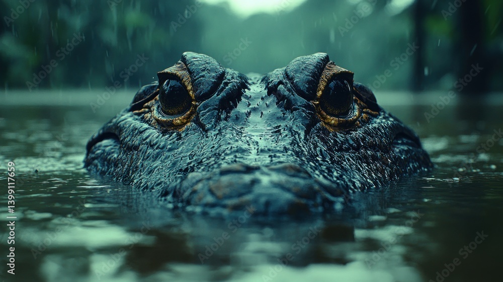 Fototapeta premium Rain-Soaked Alligator: A Close Encounter in the Wild