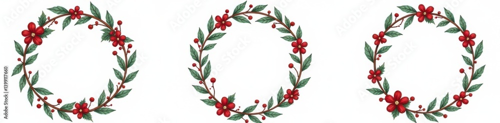 Naklejka premium Simple winter wreath on white background with doodle-style ornaments and holly, decoration, isolated