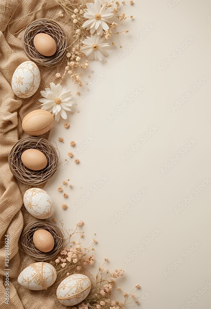 Obraz premium Rustic Easter Flatlay with Natural Eggs and Spring Decor