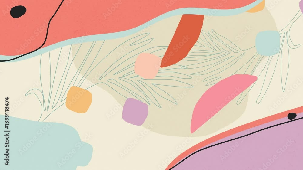 pastel shapes organic lines and minimalist botanical elements. Soft colors and simple forms create a calming aesthetic.