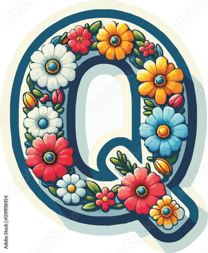 Doodle flower letter Q. Floral element of colorful alphabet made from flowers