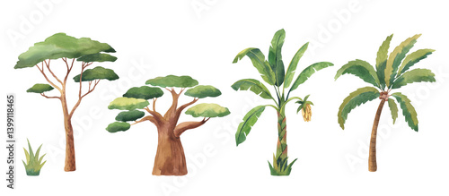 Watercolor palm, banana tree, baobab, eucalyptus. Safari trees, landscape elements illustration for kids