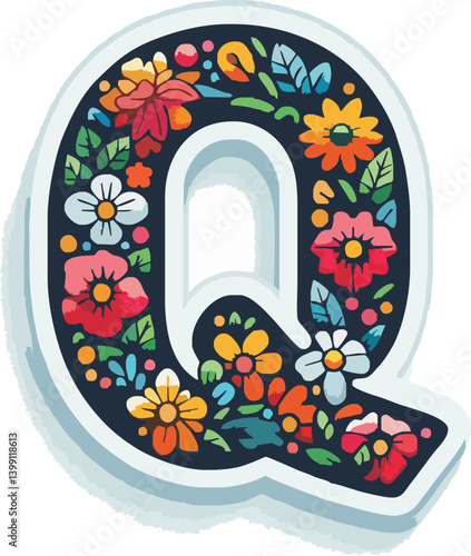 Doodle flower letter Q. Floral element of colorful alphabet made from flowers
