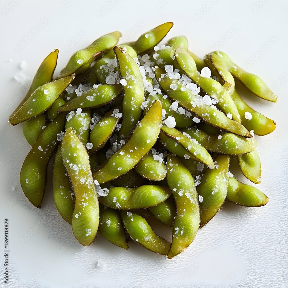 A delicious pile of fresh, steamed edamame beans generously seasoned with flaky sea salt is ready to eat.