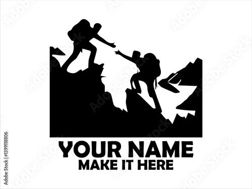 Silhouette of two hikers ascending a steep mountain cliff face during a vibrant in a display of teamwork and mutual support. Adventure concept and mountain vector logo design