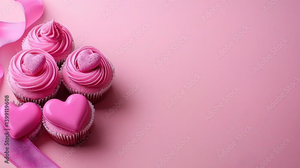 Pink Cupcakes with Creamy Frosting and Heart-Shaped Candy on a Soft Pink Background Pink Cupcakes with Creamy Frosting and Heart-Shaped Candy on a Soft Pink Background